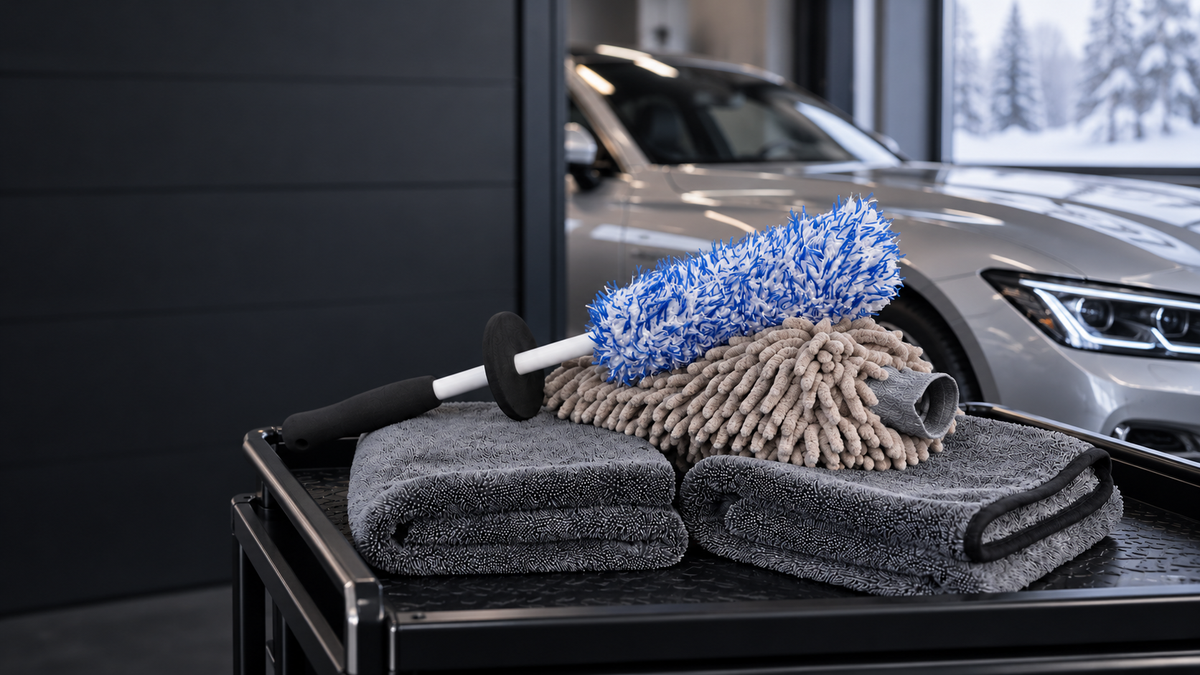 Caior Tücher, Waschhandschuh und Felgenbürste in einer Garage vor winterlicher Kulisse. KI-generiertes Motiv.