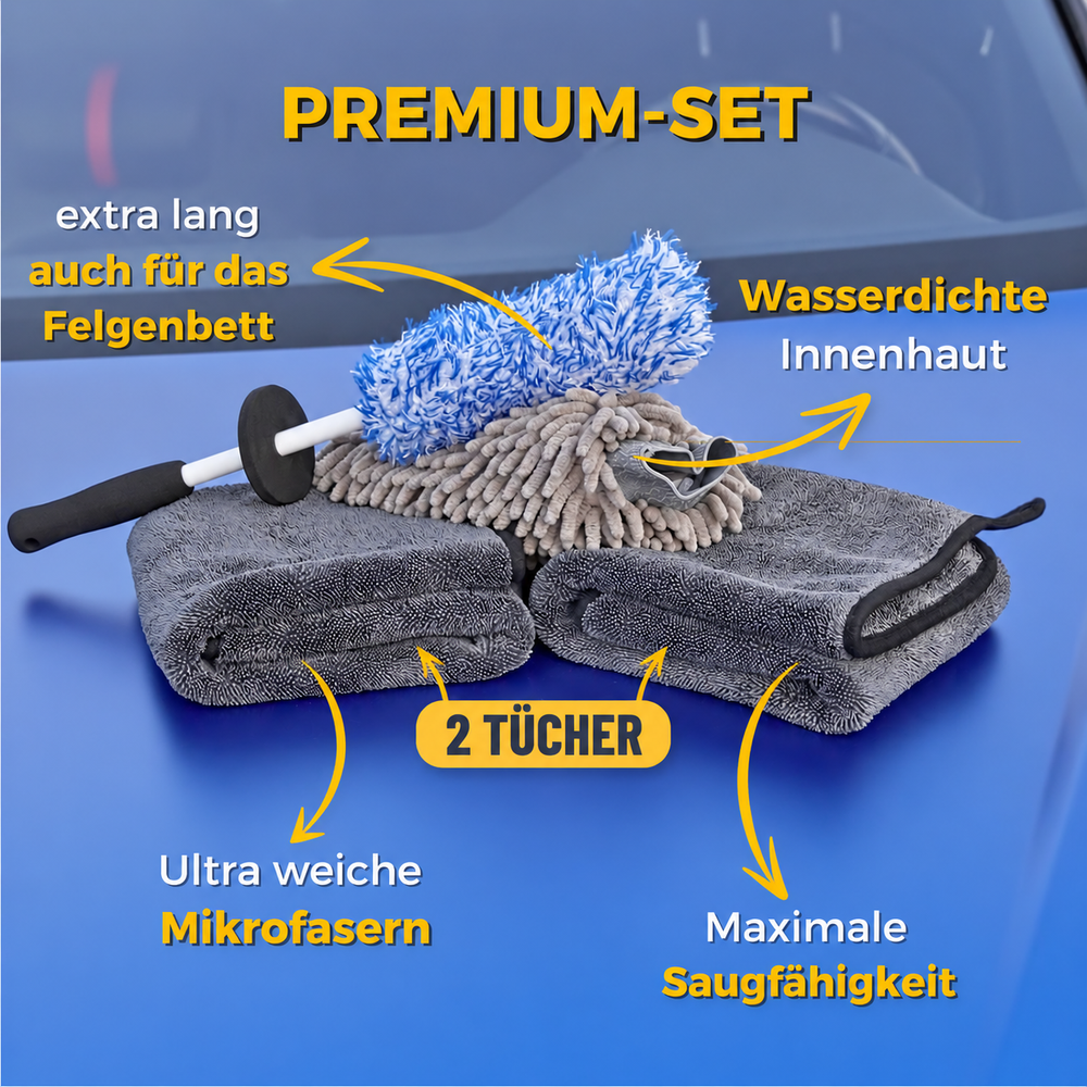 Premium Set mit zwei Mikrofasertüchern, Waschhandschuh und Felgenbürste
