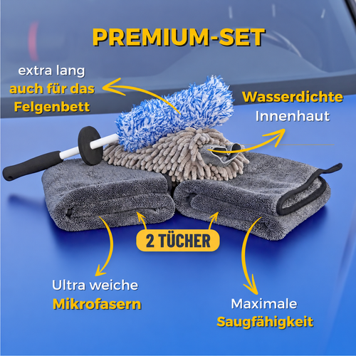 Caior Premium Set mit zwei Mikrofasertüchern, Waschhandschuh und Felgenbürste